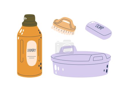 Ilustración de La botella del detergente del vector contiene líquido para limpiar, típicamente para la ropa o los platos. Una cuenca es un tazón para retener agua. Jabón se utiliza para el lavado, y un cepillo de limpieza ayuda en la limpieza de superficies - Imagen libre de derechos