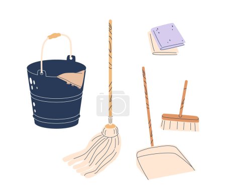 Illustration for Bucket with Rag, Broom, Brush, Wipes and Scoop Versatile Cleaning Kit, Perfect For Tackling Messes, Isolated Vector Set of Household Items, Ensures A Tidy Space With Ease And Efficiency - Royalty Free Image