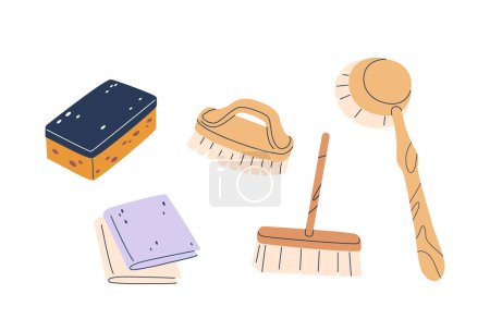 Illustration for Cleaner Brushes And Wipes, Isolated Vector Set of Essential Household Tools For Maintaining Cleanliness. Brushes Scrub Away Dirt, While Rugs Trap And Absorb It, Keeping Floors Tidy And Spotless - Royalty Free Image