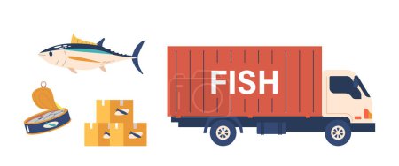 Fischtransporter transportieren lebende oder frische Meeresfrüchte zu den Märkten. Konserven konservieren Fische und verlängern die Haltbarkeit. Container, von entscheidender Bedeutung für Transport und Lagerung, sorgen für Frische und Sicherheit. Zeichentrick-Vektor-Set