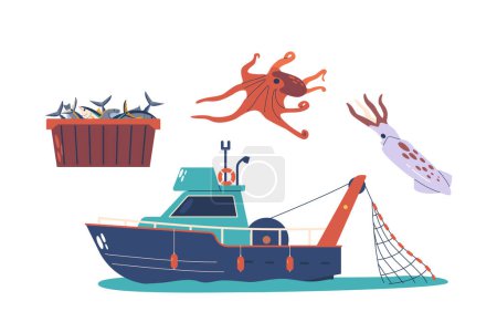Illustration for Fish Production Items Vector Set. Fishing Boat Is A Watercraft For Catching Fish In Rivers, Lakes, Or The Open Sea, Equipped With Gear Like Nets Or Rods, Featuring Storage For Catch, Squid and Octopus - Royalty Free Image