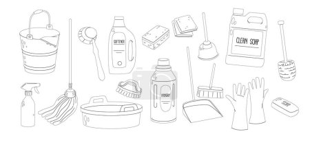 Ilustración de Set de Equipo de Servicio de Limpieza, Suministros para Vector de Lavado Iconos Esquema. Guantes aislados, cubo, detergente y lavabo. Escoba, escoba o cepillo de inodoro, émbolo, jabón, botella de pulverizador y trapos - Imagen libre de derechos