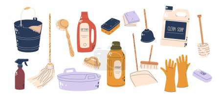 Illustration for Set of Cleaning Service Equipment, Supplies for Washing. Isolated Gloves, Bucket, Detergent and Basin. Broom, Scoop or Toilet Brush, Plunger, Soap, Sprayer Bottle and Rags. Cartoon Vector Illustration - Royalty Free Image