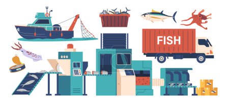 Illustration for Fish Production Isolated Vector Icons Set. Fishing Boat, Conveyor Belt, Truck and Seafood Production. Cultivation And Harvesting Of Aquatic Organisms For Consumption. Wild-caught And Contributing - Royalty Free Image