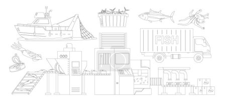 Illustration for Fish Production Isolated Outline Monochrome Vector Icons Set. Fishing Boat, Conveyor Belt, Truck And Seafood Production. Cultivation And Harvesting Of Aquatic Organisms, Delivery and Contribution - Royalty Free Image