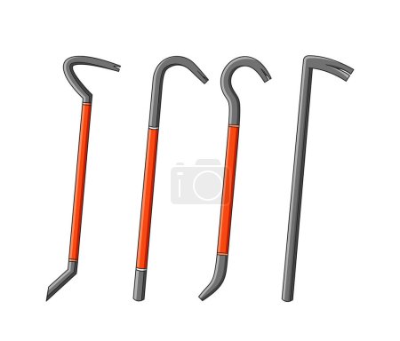 Illustration for Crowbars or Nail Pullers, Isolated Vector Hand Tools Made Of Steel, Designed For Prying, Lifting, And Moving Heavy Objects, Featuring A Flattened, Curved End And A Forked Opposite End For Leverage - Royalty Free Image