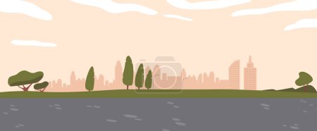 Illustration for City Park Landscape with Area for Roller Skating, Green Trees and Skyscraper Silhouettes. Tranquil Oasis Amid Towering Buildings. Serene Urban Metropolis Background. Cartoon Vector Illustration - Royalty Free Image