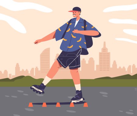 Illustration for Adolescent Skater Boy Glides Through The Park, Weaving Between Cones With Effortless Precision. His Agile Movements Display A Perfect Blend Of Skill And Youthful Exuberance. Vector Illustration - Royalty Free Image