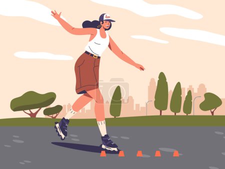 Illustration for Graceful Teen Girl Glides Through The Park On Roller Skates, Weaving Between Cones With Effortless Skill On Sunny Day. Young Female Character Exercising on Rollerblades. Cartoon Vector Illustration - Royalty Free Image