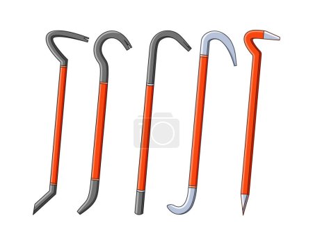 Illustration for Crowbars, Isolated Vector Sturdy Hand Tools With A Flat, Prying End And A Curved, Forked End. They Used For Leverage In Demolition, Construction, And Removal Tasks, To Separate Materials Forcefully - Royalty Free Image