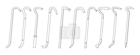 Crowbars Isolated Vector Outline Monochrome Icons Set. Versatile Hand Tools With A Flat, Curved Metal End Used For Prying, Lifting, Or Demolition, Essential For Tasks Requiring Leverage And Force
