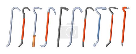 Crowbars, outils à main vectoriels isolés en acier, conçus pour soulever et déplacer des objets lourds, menuiserie ou vol. Leurs extrémités inclinées et aplaties et leurs formes courbes améliorent l'effet de levier et la poignée