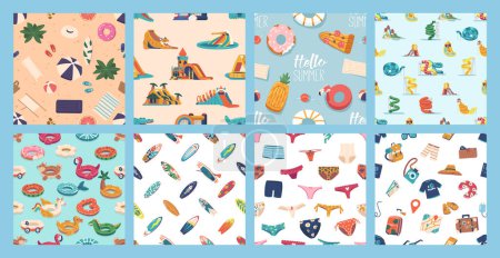 Illustration for Vibrant Seamless Patterns Featuring An Assortment Of Colorful Surfboards and Sup Boards, Beach Umbrellas, Pool Slides, Swimwear and Holiday Vacation Items. Tile Background with Beachy And Summer Fun - Royalty Free Image