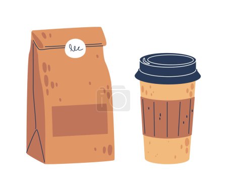Illustration for Paper Takeaway Cup, Paired With A Snugly Packed, Fresh Pastry, Eco-Friendly Package for Grab-and-go Breakfast Or Snack, Offering Convenience And Taste In A Portable Format. Cartoon Vector Illustration - Royalty Free Image