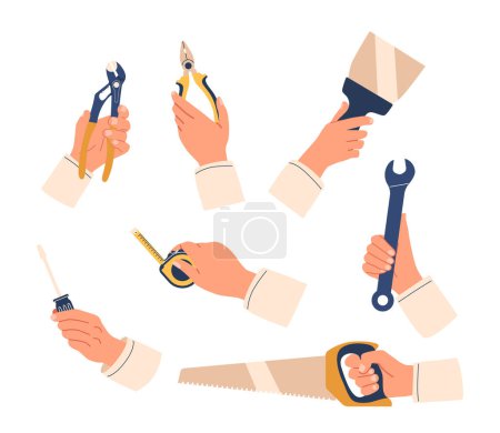 Illustration for Hands with Building Instruments. Wrench, Screwdriver and Saw. Spatula, Measuring Tape or Pliers. Isolated Set of Worker Construction And Crafting Tools for Build or Repair. Cartoon Vector Illustration - Royalty Free Image