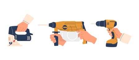 Handyman Hands Deftly Grip A Jigsaw, Ensuring Precise Cuts, Hammer Drill, Poised For Powerful Drilling, And A Screwdriver, Ready For Meticulous Assembly. Building and Repair Tools. Vector Illustration