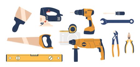 Illustration for Building Instruments Isolated Vector Icons Set. Wrench, Screwdriver, Level And Saw. Drill, Spatula, Measuring Tape Or Pliers. Worker Constructing And Crafting Instruments for Carpentry or Repair - Royalty Free Image