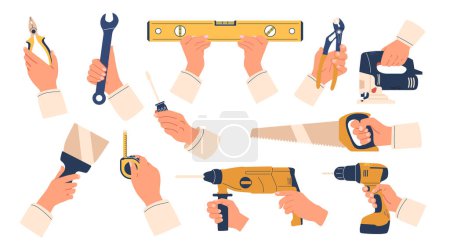 Illustration for Hands with Building Instruments. Wrench, Screwdriver, Level and Saw. Drill, Spatula, Measuring Tape or Pliers. Worker Constructing And Crafting With Expertise, Determination, Precision And Strength - Royalty Free Image