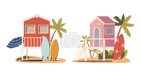 Illustration for Beach Houses On Piles Stand Elevated Above The Sand. Summer Huts with Surfing Boards, Offering Ocean Views, Built On Sturdy Stilts To Protect Against Tides And Floods. Cartoon Vector Illustration - Royalty Free Image