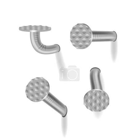 Illustration for Nails Driven Into The Wall, Featuring Steel Or Silver Heads Include Straight And Bent Metal Spikes Or Hobnails With Grey Caps Isolated on White Background. Realistic 3d Vector Variety of Nail Hardware - Royalty Free Image