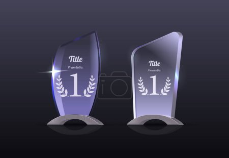 Illustration for Glass Trophy Award Cups, Trophy With Laurel Wreath Shining With Light. Realistic Prize For Winner In Nomination. First Place Crystal Glossy Reward In Championship, Sport, Contest. Vector Illustration - Royalty Free Image