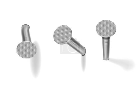Realistic 3d Vector Nails Hammered Into A Wall, Featuring Steel Or Silver Pin Heads. Straight And Bent Metal Hardware Spikes, Hobnails With Grey Caps Isolated On A White Background.