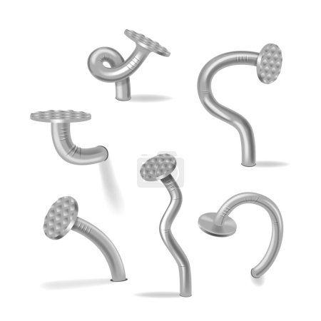 Illustration for Old Bent Iron Nails Hammered Into Wall, Grey Spikes With Circle Head. Vector Realistic Set Of Metal Pins, Hardware Hobnails For Home Construction and Carpentry And Tools Isolated On White Background - Royalty Free Image