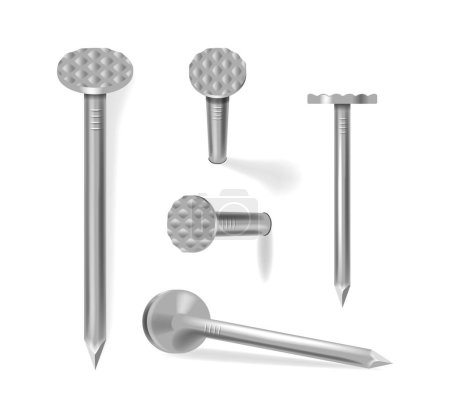 Illustration for Realistic New Nails and Nails Hammered Into Wall, Showcasing Steel Or Silver Heads. Straight Metal Spikes, Hobnails With Grey Caps Isolated On A White Background, Nail Hardware 3d Vector Illustration - Royalty Free Image