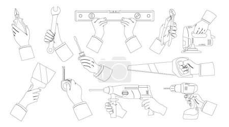 Illustration for Hands with Building Instruments Isolated Outline Monochrome Vector Icons Set. Wrench, Screwdriver, Level and Saw. Drill Hammer, Spatula, Measuring Tape or Pliers. Worker Constructing Instruments - Royalty Free Image