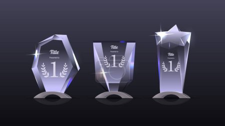 Illustration for Glass Trophy Cups, Elegant Awards. Realistic vector Champion Rewards with Clear Surface, Engraved Laurel Wreaths and Number One for the First Place Winning, Symbolizing Achievement And Recognition - Royalty Free Image