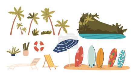 Illustration for Summer Beach Items Set. Palm Trees, Sea or Ocean Water and Rock, Daybed and Lifebuoy. Surfboards Sticking in Sand, Potted Plants. Vacation and Holiday Design Elements. Cartoon Vector Illustration - Royalty Free Image