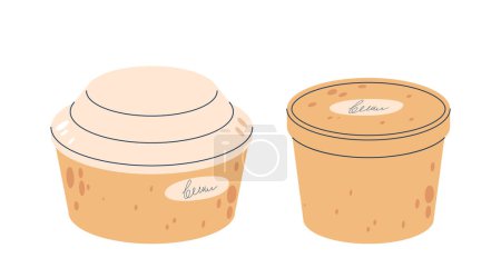 Illustration for Convenient And Eco-friendly, Takeaway Soup Cardboard Packs Offer A Spill-proof Solution For On-the-go Enjoyment. Recyclable, Compact, Round Boxes Ensure Warm And Tasty Experience. Vector Illustration - Royalty Free Image