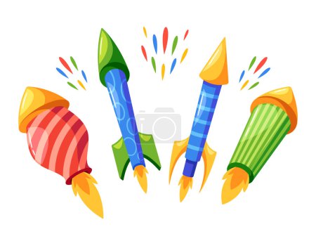 Firework Rockets, Pyrotechnic Devices Designed To Ascend Rapidly Into The Sky, Where They Explode, Releasing Colorful And Patterned Visual Effects Accompanied By Sound. Cartoon Vector Illustration