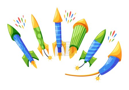 Firework Rockets Set. Pyrotechnic Devices That Shoot Into The Sky, Exploding In Colorful, Sparkling Patterns. Designed For Celebrations and Create Dazzling Aerial Displays. Cartoon Vector Illustration