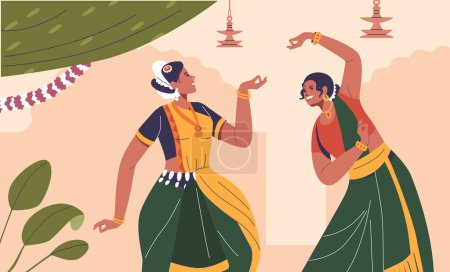 Illustration for Indian Women Dances Showcase Grace, Storytelling And Cultural Diversity. Expressive Hand Gestures, Intricate Footwork, And Vibrant Costumes Are Integral To Classical And Folk Dance Forms - Royalty Free Image