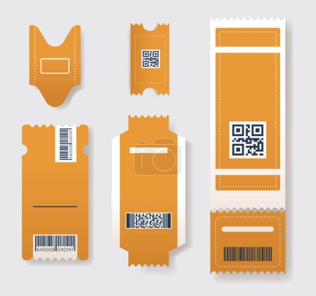 Illustration for Vector Ticket Templates Various Designs, Blank Mockups For Events, Concerts And Festivals, Theater or Movies. Paper Coupons with Realistic Textures and QR Codes, Providing A Customizable Format - Royalty Free Image