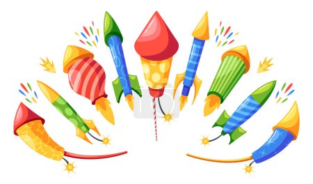 Illustration for Firework Rockets with Burning Wicks. Explosive Pyrotechnic Devices For Entertainment, Producing Loud Bangs And Colorful Aerial Displays, Containing Gunpowder For Effects. Cartoon Vector Illustration - Royalty Free Image