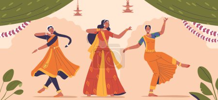 Téléchargez les illustrations : Des mouvements gracieux, des gestes de main complexes, des costumes vibrants caractérisent les danses féminines indiennes. De Bharatanatyam classique à Garba folklorique, chaque style incarne un riche patrimoine culturel et narration - en licence libre de droit