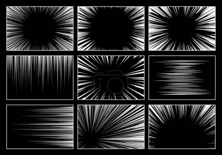 Illustration for Set of Comic Speed Lines, Abstract Flash Explosion With White Radial and Straight Lines On Black Background. Vector Dynamic Design For Superhero Books. Burst, Flash Ray Blast Glow. Empty Action Frames - Royalty Free Image
