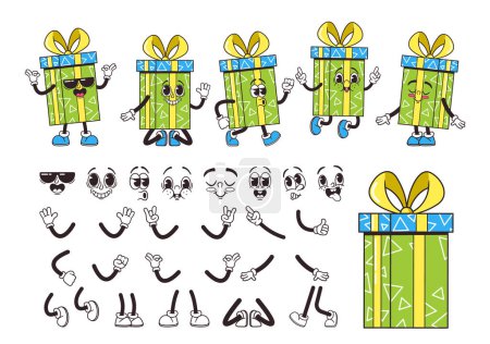 Téléchargez les illustrations : Boîte-cadeau Groovy rétro Cartoon Character Builder. Cool, Smile, Whistle, Dance and Shy Vibrant Presents Vector Collection. Kit de Personnages BD inspiré des années 70 ou 60. Set Visages, Jambes, Mains et Emotions - en licence libre de droit