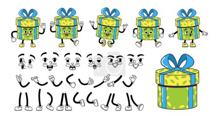 Ilustración de Caja de regalo de dibujos animados retro Groovy Carácter Kit de construcción. Vector Collection Of 70s or 60s-inspired Comic Nostalgic Personage of Round Present Pack Caras, piernas, manos y emociones, sonrisa, conjunto de emojis - Imagen libre de derechos