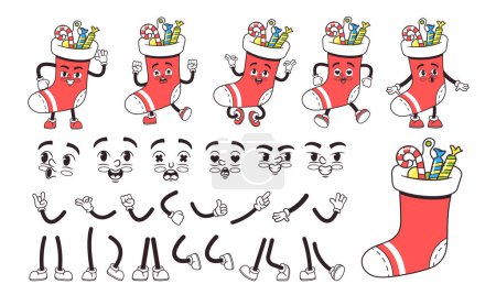Illustration for Retro Groovy Christmas Sock with Sweets Cartoon Character. Vector Collection Of Nostalgic 70s or 60s Comic Personage Parts, Faces, Legs, Hands, And Emotions. Xmas Happy, Cheerful, Hippie Gift Kit - Royalty Free Image