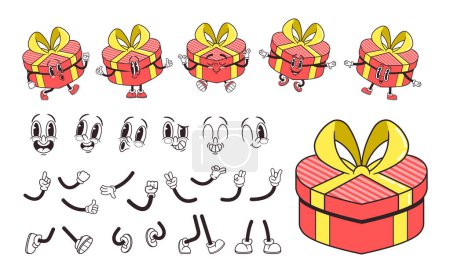 Ilustración de Retro Groovy corazón en forma de caja de regalo creador de caracteres para el día de amor de San Valentín. Vector Collection Of 70s or 60s-inspired Comic, Hippie Personage Parts (en inglés). Paquete de regalo rojo Piernas, manos y emociones Kit - Imagen libre de derechos