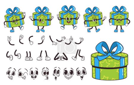 Ilustración de Caja de regalo retro Groovy Kit de creación de personajes. Colección de vectores inspirada en los años 60 y 70, con colorido, caricatura presente con una variedad de caras, piernas, manos y emociones. Personage Builder Set - Imagen libre de derechos
