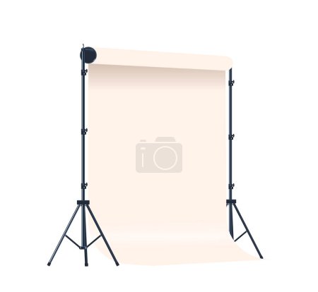 Ilustración de Photo Studio Fondo blanco o fondo de pantalla de rollo hecho de papel blanco o tela, montado en soportes de soporte de trípode, con abrazaderas, asegurando el entorno para la fotografía. Ilustración de vectores de dibujos animados - Imagen libre de derechos