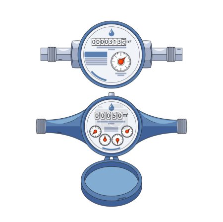 Illustration for Communal Service Water Meters Measure Shared Water Usage In A Community, Promoting Fair Distribution And Efficient Resource Management For Multiple Households Or Entities. Cartoon Vector Illustration - Royalty Free Image