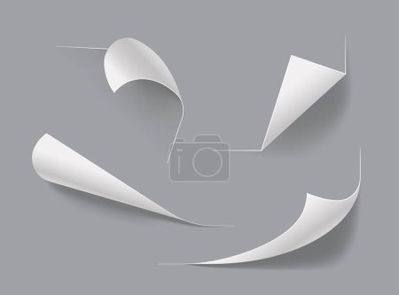 Illustration for Realistic White Paper Sheet With Curved Bent Corners. Isolated Vector Templates Depict Blank Note Page With Elegant Curvatures, Creating Shadows. Rolled Tags, Book Sheets, Magazine or Notes Set - Royalty Free Image