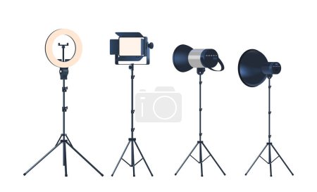 Professional Photo Studio Light Equipment Set. Strobe Light, Circular Lamp and Spotlights For Optimal Illumination And Well-lit Conditions For Photography Indoors Sessions. Cartoon Vector Illustration