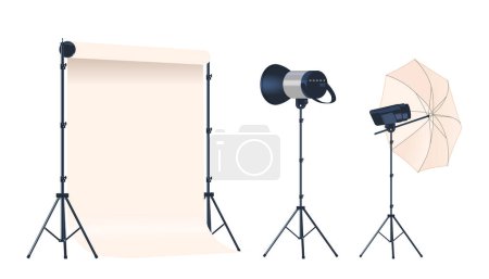 Illustration for Photo Studio Light Equipment Includes Umbrella, Backdrop, Continuous Light or Flash Strobe, Enhancing Photography By Controlling Shadows And Highlights. Cartoon Vector Illustration - Royalty Free Image