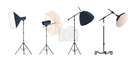 Illustration for Professional Photo Studio Light Setup, Includes Softbox, Umbrella, Light on Tripods For Controlled Illumination, Enhancing Clarity, Depth And Capturing High-quality Images. Cartoon Vector Illustration - Royalty Free Image